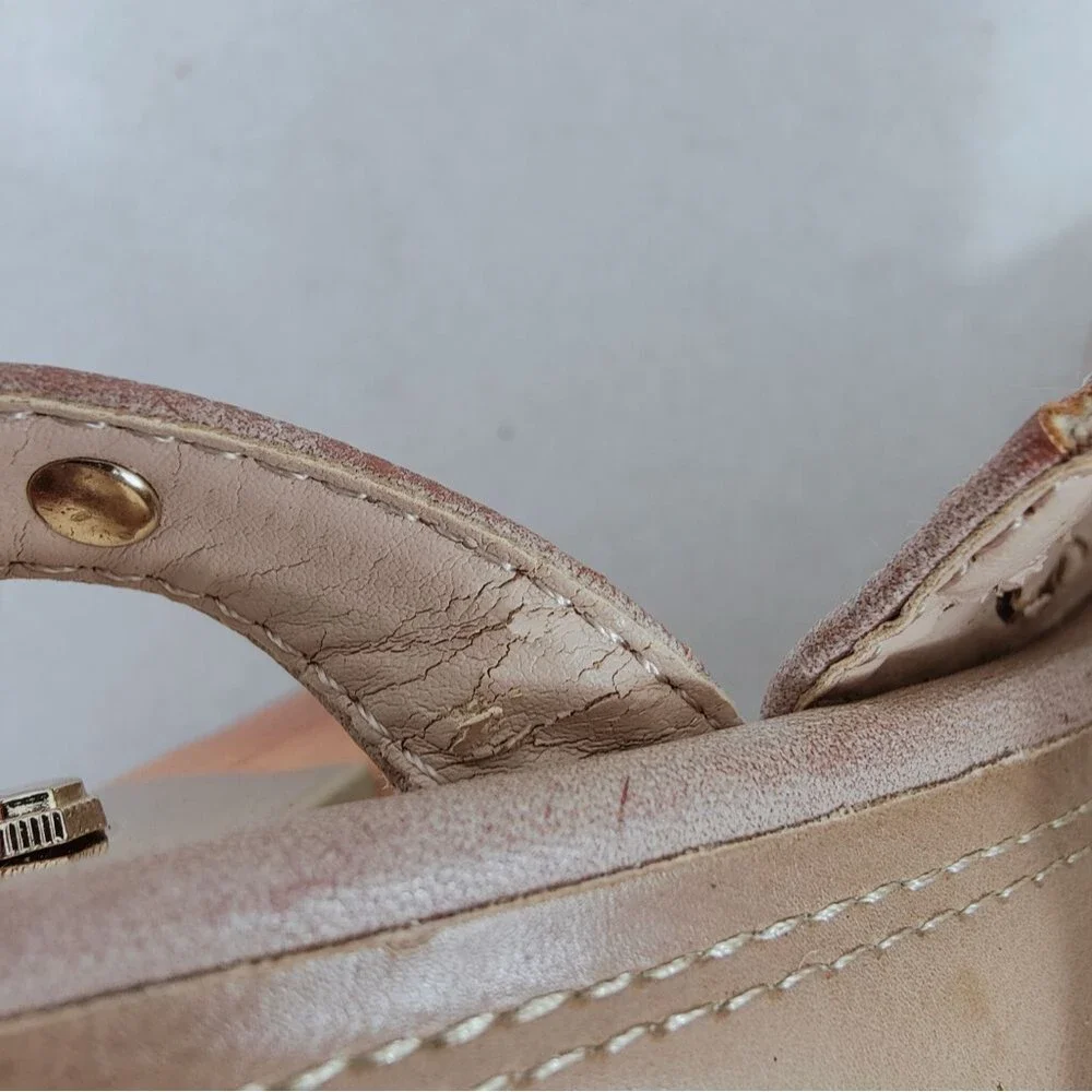 NWT Dominique Nicole Tyne Beige Gold Studded Block Heel Ankle Strap Sandals, 11